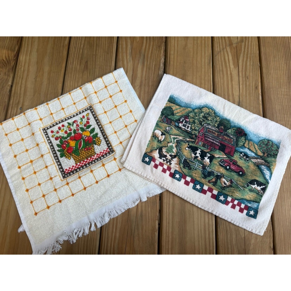 2 Vintage 70s Kitchen Towel Terry Cloth Fruit Yellow Stripes And Farm Country